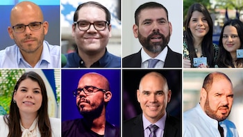 Ocho fotografías de personas: seis hombres y dos mujeres. Dos mujeres sonríen mostrando carnets de identificación, una con el pulgar entintado