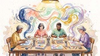 Cuatro personas con diversos materiales de arte trabajan en una mesa de madera; pinceladas de acuarela y colores vibrantes emanan de sus creaciones y flotan en el aire.