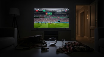 Habitación oscura con televisor mostrando un partido de fútbol, copa de vino volcada, lápiz labial, bolso, pañuelo y lámpara de pie.