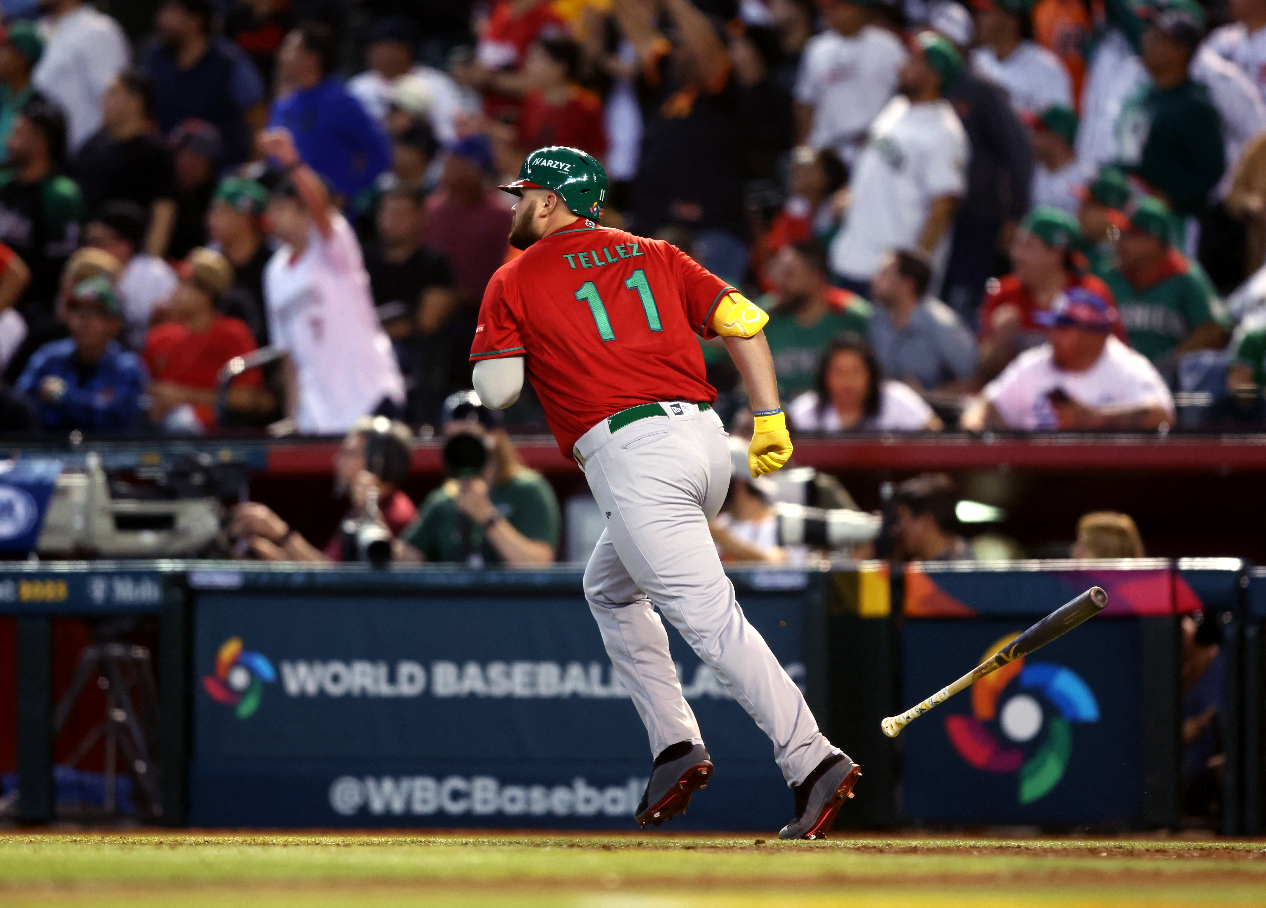 Mar 15, 2023; Phoenix, Arizona, USA; Mexico designated hitter Rowdy Tellez rounds the bases after hitting a solo home run in the eighth inning against Canada during the World Baseball Classic at Chase Field. Mandatory Credit: Mark J. Rebilas-USA TODAY Sports
