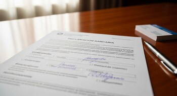 Un documento de reclamación bancaria sobre una mesa de madera, con un bolígrafo metálico, texto impreso y firmas manuscritas.
