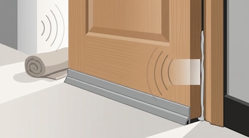 Ilustración de una puerta de madera con un burlete gris en la base, un sellador en el marco, ondas de sonido y una toalla enrollada.