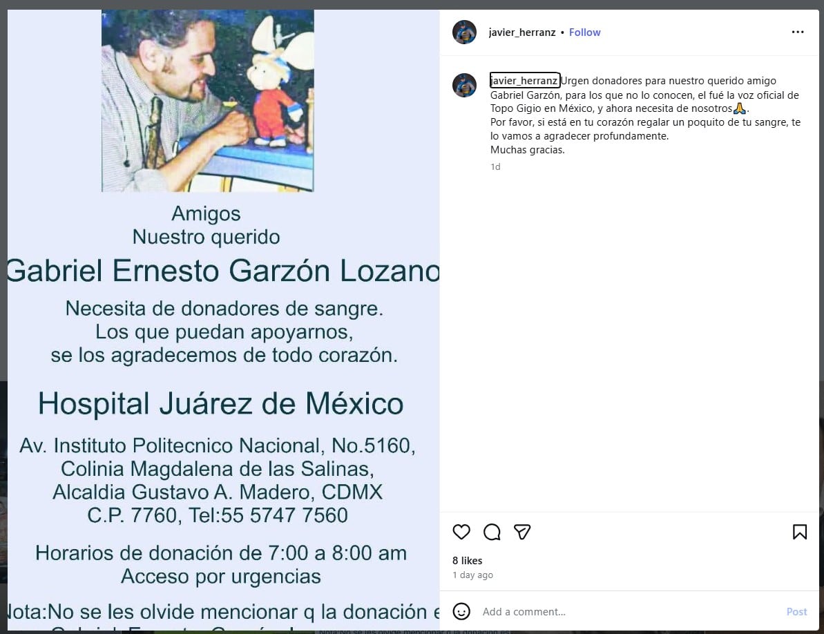 Javier Herranz y otros colegas del medio artístico refuerzan la campaña de donación de sangre para apoyar a Gabriel Garzón Lozano (Archivo)