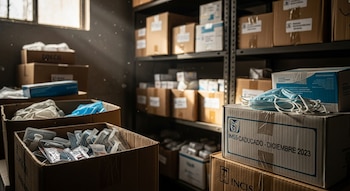 Estanterías con cajas de cartón; en primer plano, cajas abiertas con guantes, jeringas, viales y mascarillas. Una caja lleva el logo IMSS y 'CADUCADO - DICIEMBRE 2023'.