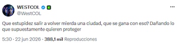 Westcol rechazó la violencia urbana: "Salir a destruir no tiene sentido" - crédito @WestCOL/X