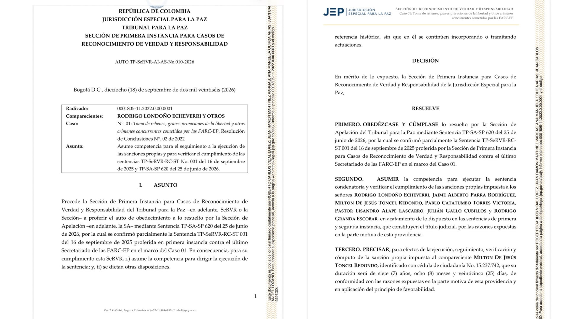 La JEP ordenó trabajos restaurativos y monitoreo electrónico para los excomandantes, quienes no podrán salir del país durante sus condenas - crédito JEP