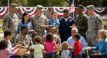 Un grupo diverso de militares de EEUU y sus familias disfrutan de un picnic al aire libre, con niños, adultos y personas mayores compartiendo comida en un ambiente festivo.