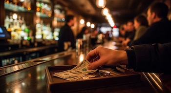 Una mano con una manga oscura sostiene un billete de dólar sobre una bandeja con dinero en efectivo y monedas en la barra de un bar oscuro y concurrido.