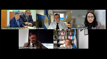 Pantalla de videoconferencia con seis recuadros. Se observan personas, banderas de Argentina, una estantería con libros y textos de identificación