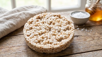 Galleta de arroz redonda sobre mesa de madera rústica, con un paño de lino, un cuenco de sal gruesa y un tarro de miel con cucharón al fondo cerca de una ventana.
