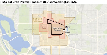 Mapa de Washington, Distrito de Columbia, con la ruta de una carrera, áreas de seguridad y tráfico restringido, calles, río y Capitolio