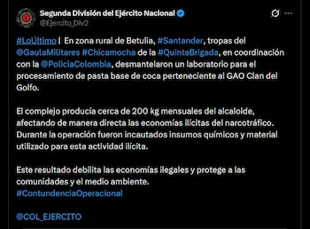 El laboratorio ilegal tenía capacidad para producir hasta 200 kilogramos mensuales de pasta base de coca, impactando directamente las finanzas del narcotráfico en la región - crédito @Ejercito_Div2 / X