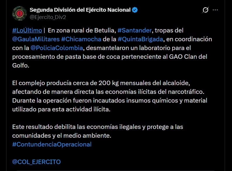 El laboratorio ilegal tenía capacidad para producir hasta 200 kilogramos mensuales de pasta base de coca, impactando directamente las finanzas del narcotráfico en la región - crédito @Ejercito_Div2 / X