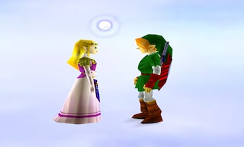 Personaje masculino con túnica verde, botas marrones, escudo rojo y espada en la espalda. Personaje femenino con vestido blanco, morado y diadema. Fondo celeste, orbe