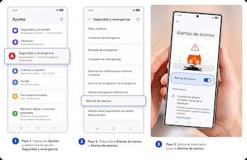 Tres pantallas de teléfono móvil con instrucciones para activar alertas de sismos, la última pantalla es sostenida por una mano