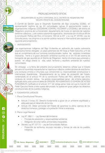 Un documento oficial en español del Comité de Gestión del Bajo Urubamba (CGBU) con el título "PRONUNCIAMIENTO OFICIAL", logos de comunidades indígenas, y texto en columnas