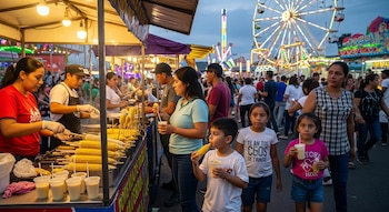 Puesto de comida con elotes, atol y vendedores; personas adultas y niños comiendo; feria nocturna con rueda de la fortuna iluminada al fondo.
