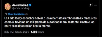 Captura de pantalla de una publicación en la red social X de la cuenta Aceleranding con texto en español sobre fondo negro