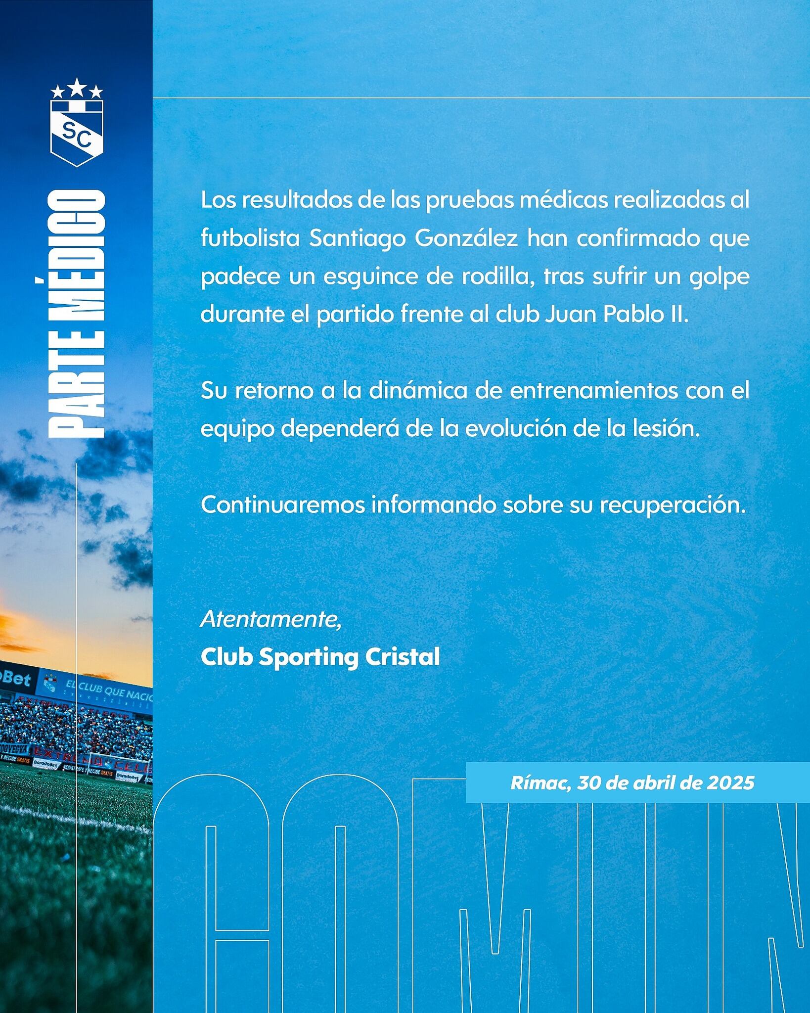 El comunicado de Sporting Cristal sobre la lesión de Santiago González.