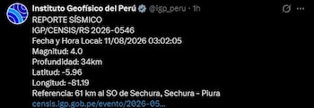 Temblor hoy en Perú EN VIVO: IGP reporta 3 sismos en Sechura durante la madrugada del 11 de agosto. Captura: IGP.
