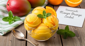 Un tazón de sorbete de mango y naranja con hojas de menta y una rodaja de naranja en una mesa de madera, con mangos, naranjas y una nota escrita a mano.