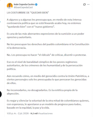 El excandidato presidencial Iván Cepeda Castro criticó a quienes se procupan por agradar al Gobierno entrante de Abelardo de la Espriella - crédito @IvanCepedaCast/X