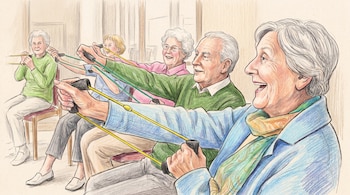 Ilustración a lápiz de hombres y mujeres mayores sentados en fila que sostienen y estiran bandas elásticas.