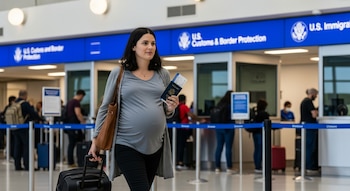 Una mujer embarazada camina por un aeropuerto con una maleta de mano, pasaporte y tarjeta de embarque, frente a un puesto de Control de Aduanas y Fronteras de EE. UU.