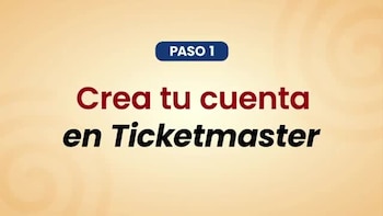 Texto sobre fondo beige que indica Paso 1 en un óvalo azul y la frase Crea tu cuenta en Ticketmaster en letras rojas y negras