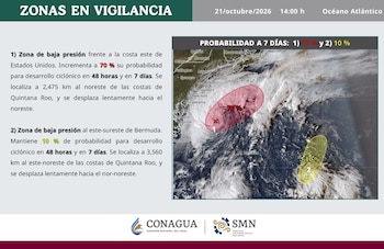 Mapa satelital del océano Atlántico con dos áreas delimitadas en rojo y amarillo, texto explicativo y logotipos oficiales de Conagua y SMN