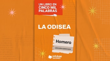 Portada del libro La Odisea de Homero, versión abreviada. Fondo naranja con texto y estrellas. Logotipo Infobae Ediciones en la esquina inferior derecha.