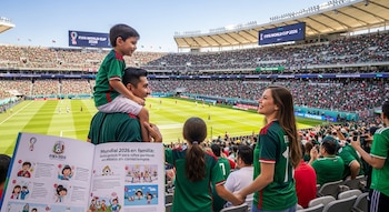 Familia observa un partido de fútbol en un estadio lleno, con pantallas que muestran 'FIFA World Cup 2026'. En primer plano, una guía 'Mundial 2026 en familia' abierta.