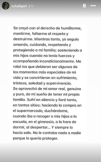 Captura de pantalla de una publicación de Instagram de 'suhailajad' que muestra un largo texto blanco sobre fondo blanco con el perfil de usuario en la esquina superior izquierda