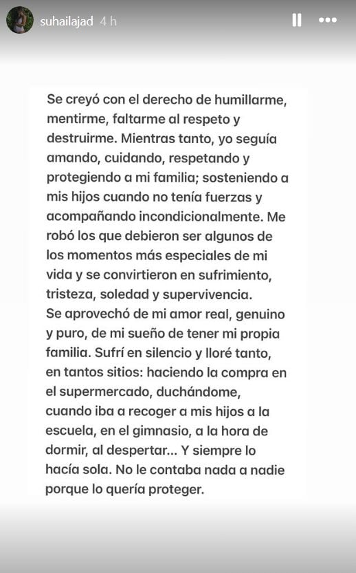Suhaila Jad compartió un extenso y emotivo mensaje en su cuenta de Instagram, abordando la difícil situación de su separación de André Carrillo y el sufrimiento vivido. (Instagram)