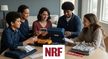 Cinco personas sentadas en una mesa con una caja azul NRF. Hay ropa, una caja de herramientas, tarjetas y papeles sobre la mesa.