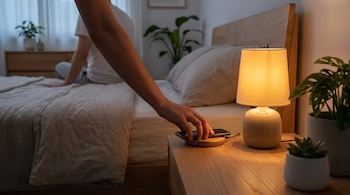 Primer plano de una mano colocando un teléfono celular boca abajo sobre un cargador inalámbrico en una mesita de noche de madera con una lámpara encendida y plantas, en un dormitorio.