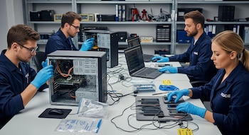 Cuatro técnicos en uniformes azules y guantes examinan computadoras, laptops y teléfonos celulares conectados en un laboratorio de informática forense con estantes.