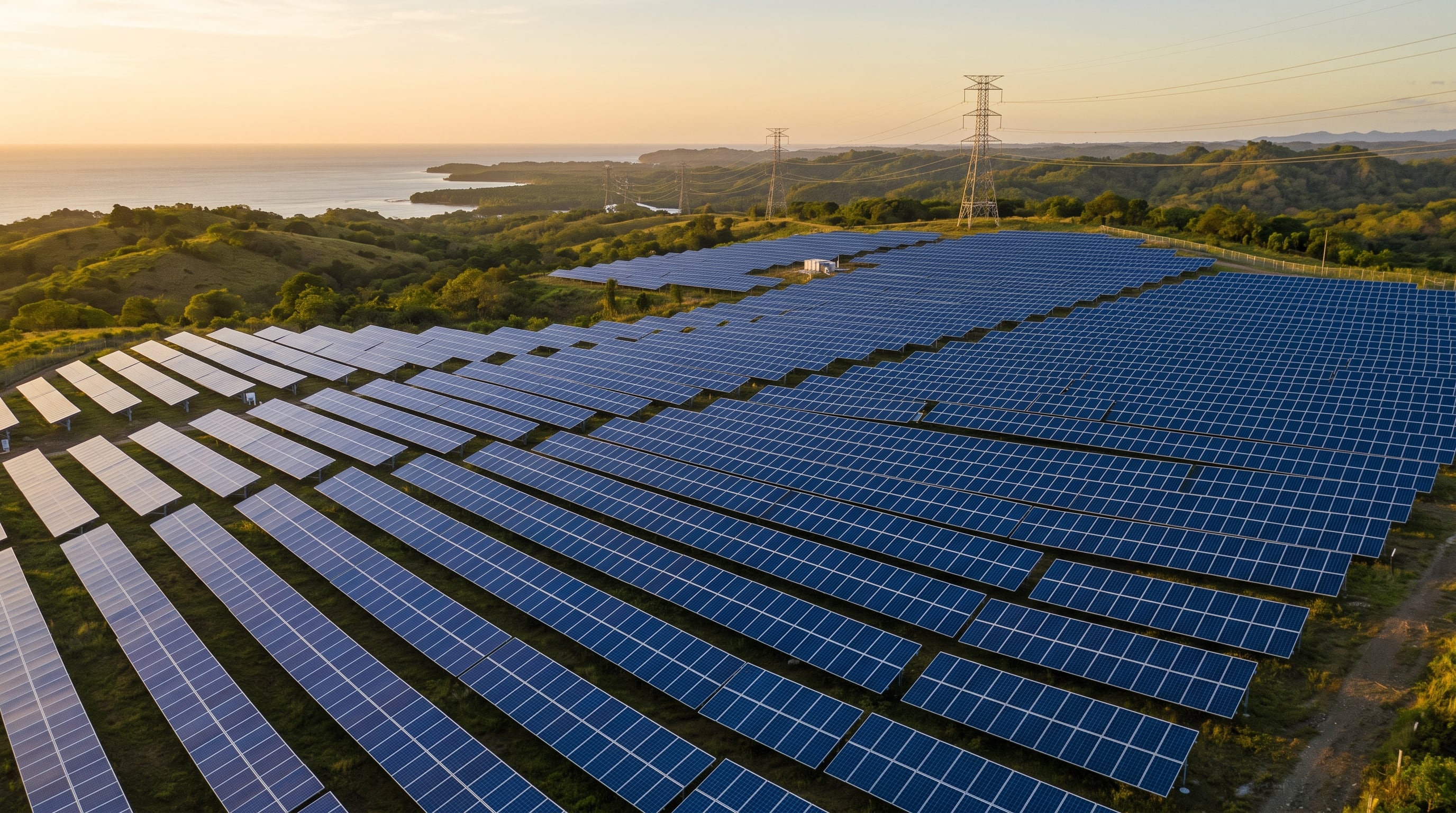 Un parque solar opera en una zona de colinas verdes junto a la costa y conecta su suministro con torres de transmisión eléctrica durante el atardecer. (Imagen Ilustrativa Infobae)