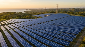 Paneles solares sobre colinas con vegetación, torres de alta tensión y el mar en el fondo bajo la luz del atardecer.