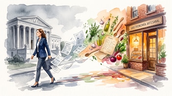 Acuarela de una mujer de traje con maletín que camina entre un edificio neoclásico y una tienda, con papeles volando, verduras y utensilios.
