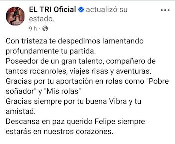 Captura de pantalla de un mensaje publicado en la cuenta oficial de Facebook de la banda El Tri dedicado a Felipe