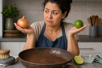 Una mujer sostiene una cebolla en una mano y un limón en la otra sobre una mesa con una sartén oxidada y utensilios de limpieza.