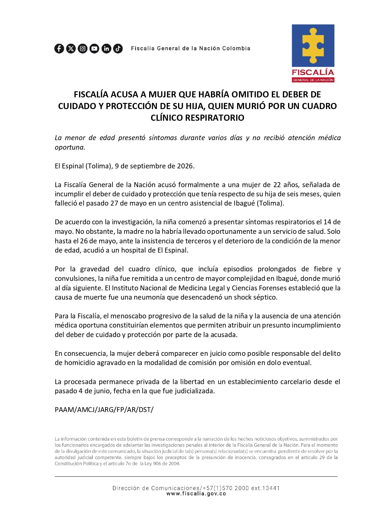 Acusan a madre por la muerte de su bebé de seis meses tras presunta falta de atención médica en Tolima - crédito Boletín Fiscalía General de la Nación