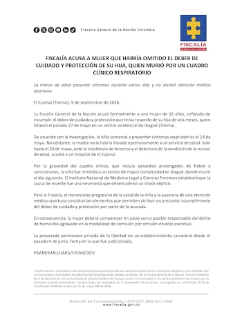 Acusan a madre por la muerte de su bebé de seis meses tras presunta falta de atención médica en Tolima - crédito Boletín Fiscalía General de la Nación