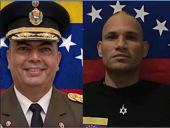 A la izquierda, un hombre con uniforme y gorra militar. A la derecha, un hombre rapado con ropa oscura y un dije con la estrella de David