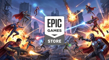 Logo de Epic Games Store sobre una ilustración de superhéroes y villanos luchando con armas y poderes en una ciudad destruida, con explosiones y rayos.