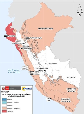 Mapa de Perú con pronóstico de temperaturas máximas para mayo-julio 2026 de Senamhi. Costa Norte y Sierra Noroccidental en rojo oscuro por temperaturas superiores
