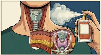 Ilustración de la anatomía del cuello humano con la tiroides resaltada y una mano rociando un frasco de perfume hacia la zona del cuello