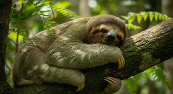 Primer plano de un perezoso de pelaje pardo y verdoso durmiendo plácidamente sobre una rama de árbol cubierta de musgo, con follaje verde borroso al fondo.