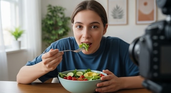 Una joven sentada a una mesa de madera come ensalada de un tazón azul, con un tenedor en la boca. Una cámara graba en primer plano a la derecha.